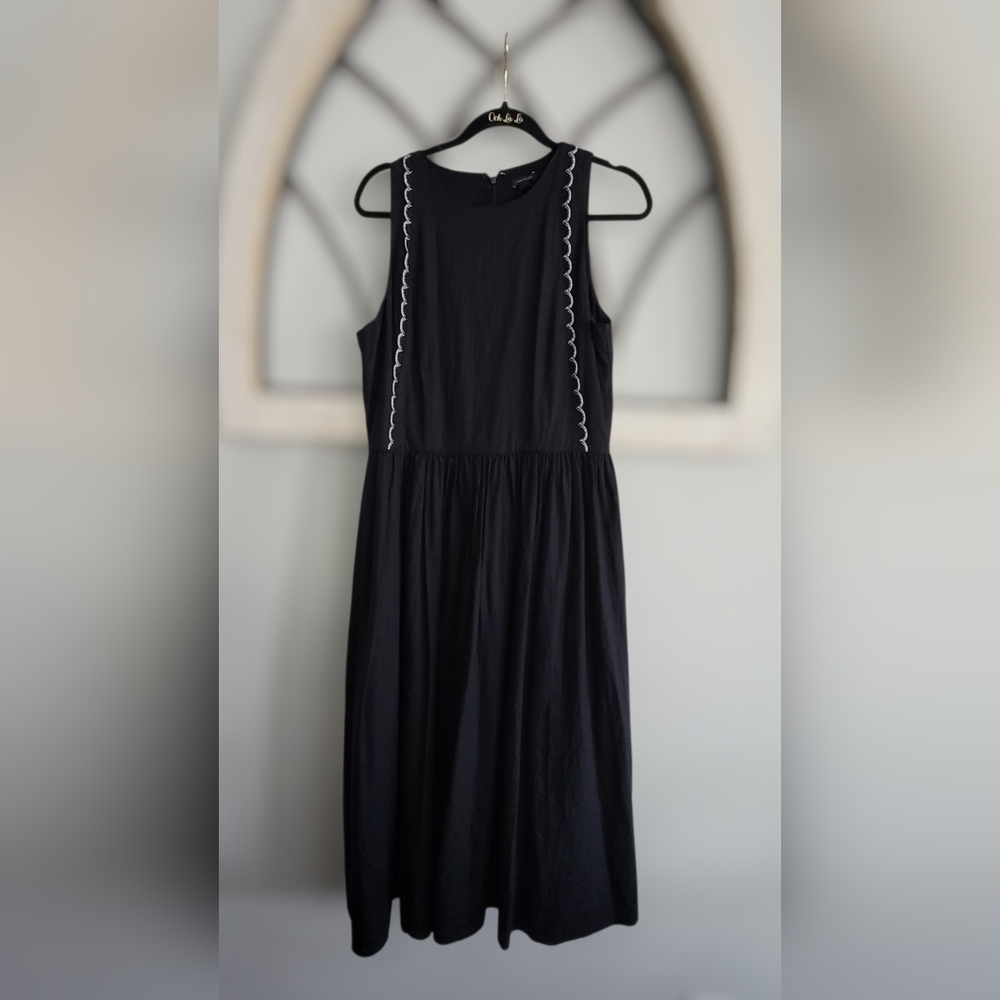 ANN TAYLOR, Scalloped Linen Blend Midi Dress, Black, Sz 8 - Picture 3 of 8